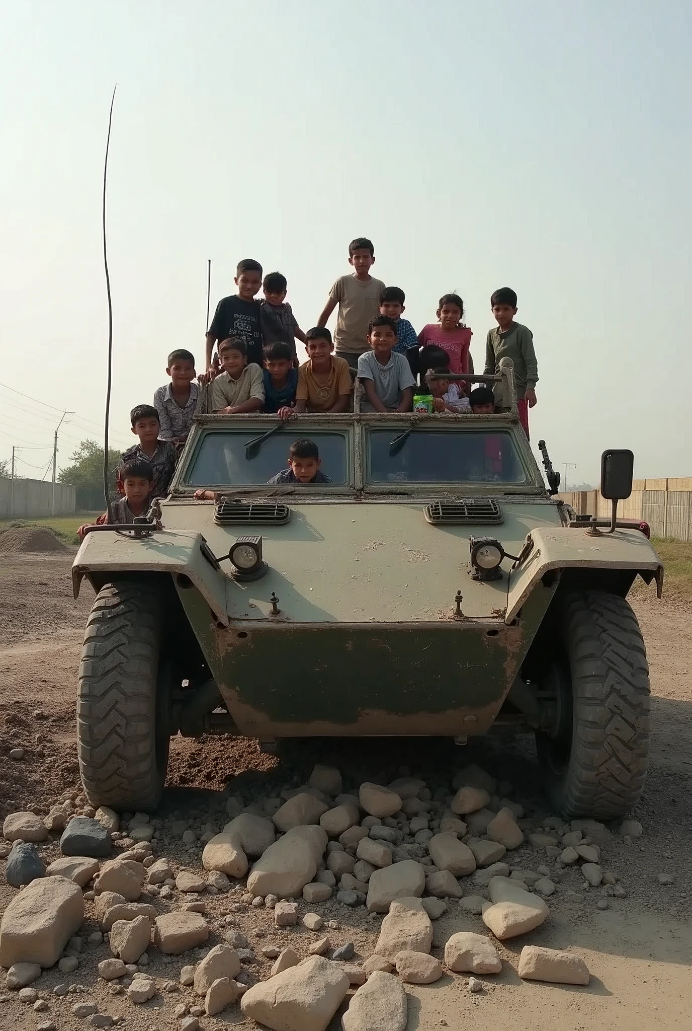 Photo of children posing on destroyed armored vehicle。