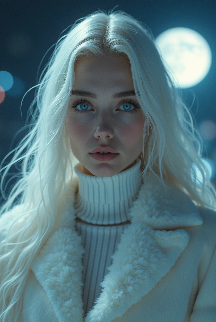 masterpiece, best quality, (Solitary focus), (Perfect face:1.1), (High Detail:1.1), (Extremely detailed eyes), dramatic, (1 person:0.5), (Pale skin), 金色的Long hair, Ethereal eyes, (light eyebrows), Solitary, Long hair, Jordan Barrett, moon, night, White luxury suit, Cover the navel, Pursed lips, fur, A proud expression, futuristic city, Detailed background, Artgerm's Artwork, Movie Lighting, Rose, Fashion, Balenciaga style