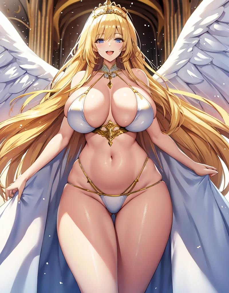 A big-bodied angelic adult lady wearing a white bikini,Very large white angel wings on his chest,Very large white angel wings on his chest,belly button,tall、Great Hall Background、Body Length、Long legs、Long neck、from the front、tall、Long neck、Standing with good posture and good posture、solo、Complex,Particles of light,Thighs,Glowing Skin、Long legs、golden tiara on head、Perfect lighting, A big-bodied angelic adult lady wearing a white bikini、Pelvic Curtain, A big-bodied angelic adult lady wearing a white bikini、Very large white angel wings on his chest,Very large white angel wings on his chest、solo、belly button、Complex,Particles of light,Thighs,Glowing Skin、Open Mouth Smile、Perfect lighting, Pelvic Curtain,Open Mouth Smile,(masterpiece), (Highest quality)、Long legs、Long neck、tall、Long neck、Standing in a clean posture、maternal, Porcelain-like skin, Honey Blonde Hair, Very long hair、Open Mouth Smile,(masterpiece), (Highest quality)、maternal, Porcelain-like skin, Honey Blonde Hair, Very long hair