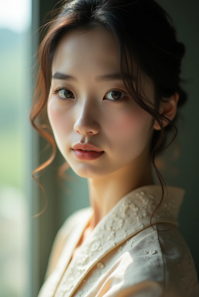 An elegantly dressed Japanese woman in natural light、A close-up of her chest and calm expression.、It shows her inner peace and outer charm.。