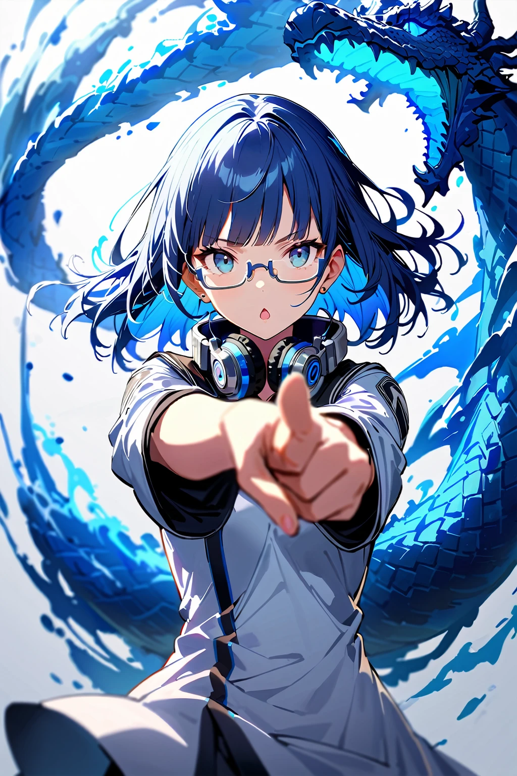 (extremely detailed fine touch:1.3), (((silver semi-rimless eyewear:1.3))), (wear silver headphones around neck:1.0), blue short hair, double bun, blunt bangs, 1girl, solo, full body,
kung fu pose, earring, serious, chestnut mouth, make up, bare arms, medium breasts, cleavage, extremely detailed blue beautiful Cheongsam, extremely detailed, chinese blue dragon, china Souki crest background,