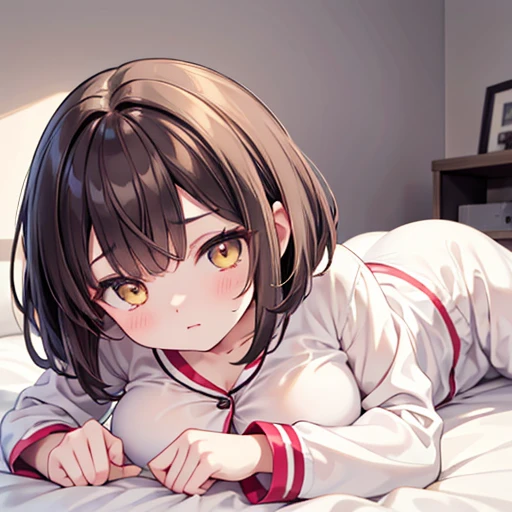 Brunette color hair，Short fine hair，With bangs，Yellow Eyes，Adorable，Teenage Girls，White long sleeve pajamas，Pajamas in white pants，Bedroom with warm background，Lie down in bed,?????????????