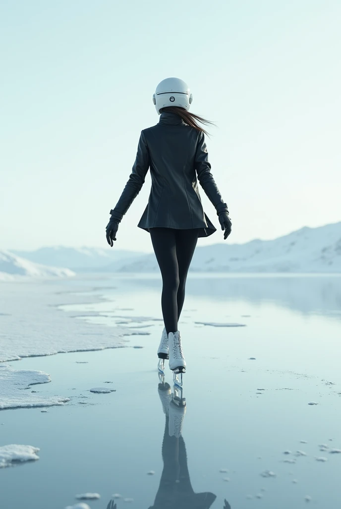 Female ice skater,Wearing a black leather jacket,A futuristic helmet,Glide along the ground,individual,Hyperrealism,Wallpaper quality,Photography style