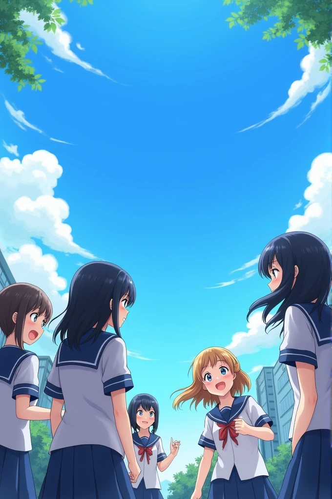 1500*500 The back view of high school girls having fun under the blue sky