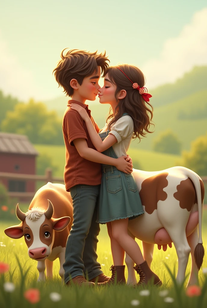 A couple is kissing a cow