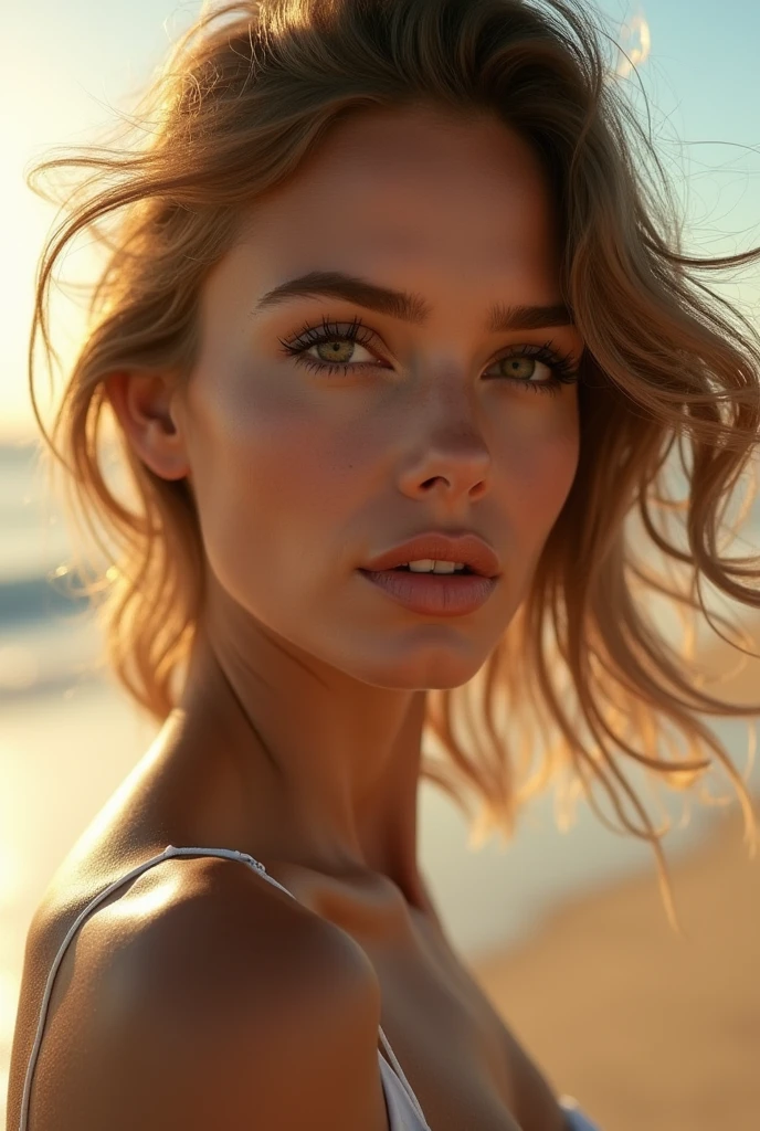 a woman doing a photoshoot on the beach, beautiful detailed eyes, beautiful detailed lips, extremely detailed eyes and face, long eyelashes, elegant pose, windswept hair, golden hour lighting, ocean waves, sandy beach, vibrant colors, cinematic composition, (best quality,4k,8k,highres,masterpiece:1.2),ultra-detailed,(realistic,photorealistic,photo-realistic:1.37),natural lighting,stunning scenery,dramatic lighting