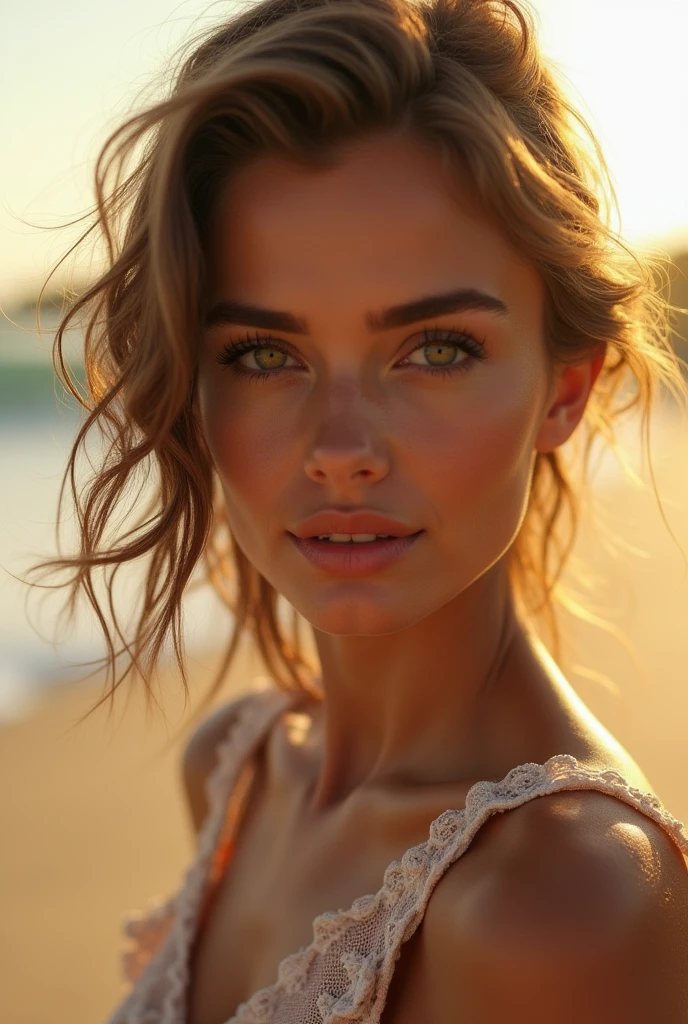 a woman doing a photoshoot on the beach, beautiful detailed eyes, beautiful detailed lips, extremely detailed eyes and face, long eyelashes, elegant pose, windswept hair, golden hour lighting, ocean waves, sandy beach, vibrant colors, cinematic composition, (best quality,4k,8k,highres,masterpiece:1.2),ultra-detailed,(realistic,photorealistic,photo-realistic:1.37),natural lighting,stunning scenery,dramatic lighting