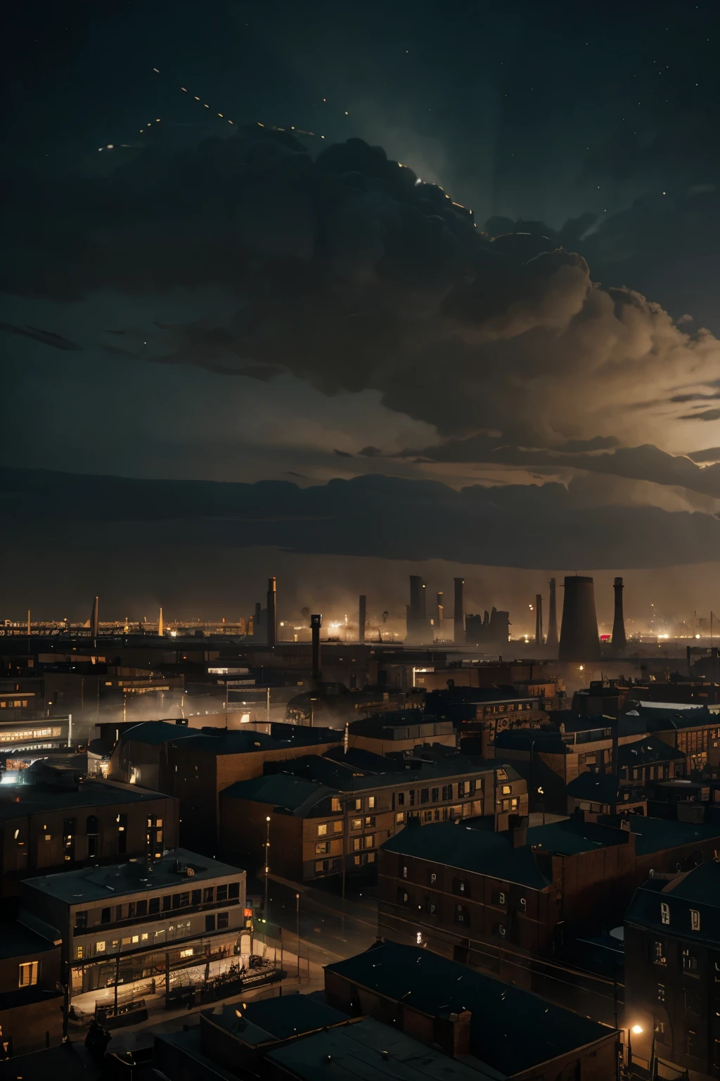 industrial city, surround by wall, steampunk. there is inn, residental area, ((airships)) in the sky, city gate, rusty and heavy, smoke, chimney, factories, gears, machinery, tall buildings, towers, steam power, steam pipes, streetlights, (bird-eye view), (night time, starry sky), (hard rain), (crossroad), (cinematic lighting:0.8, super detail, bloom)