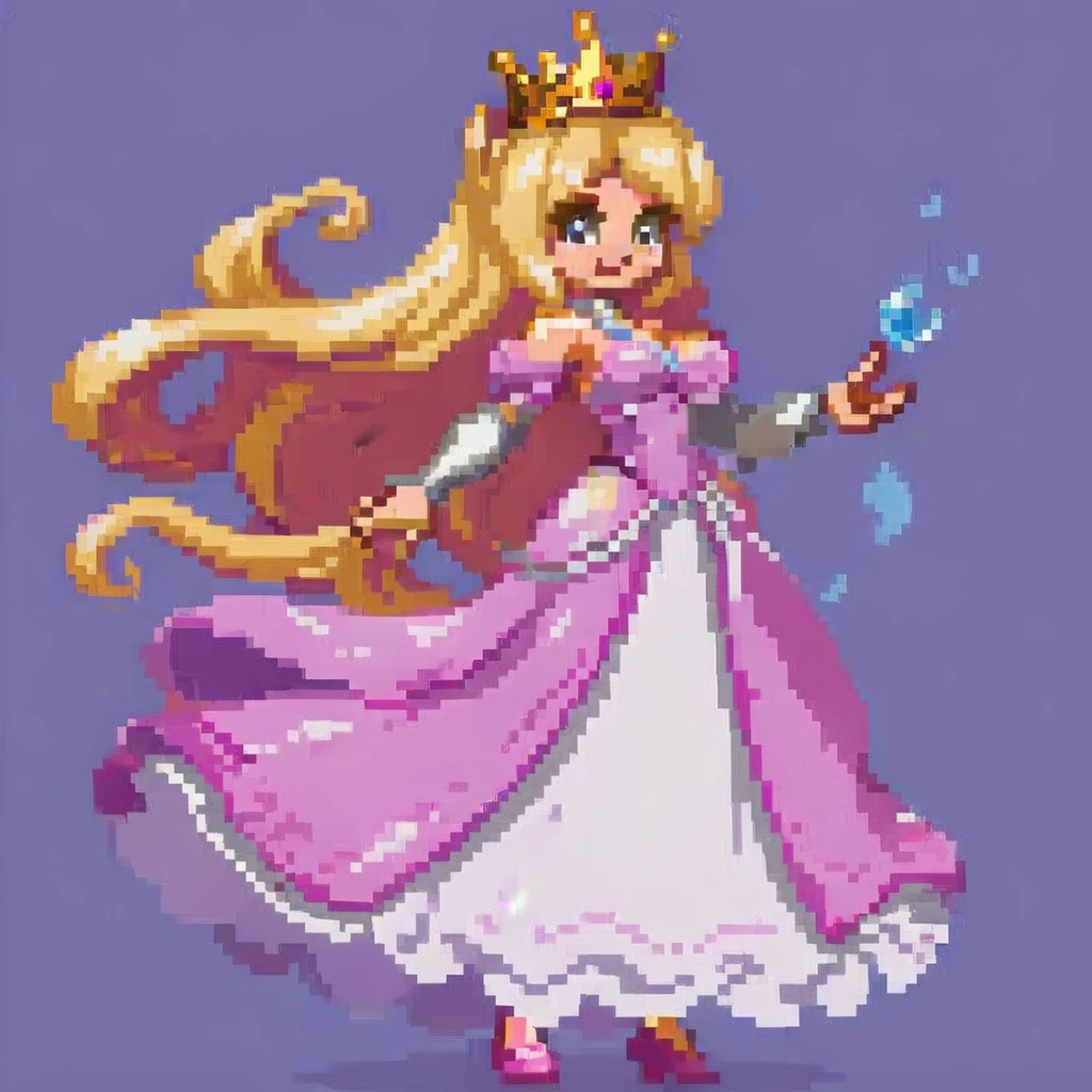 Create a character in a cartoon-style video game: a princess with a well-proportioned, curvaceous figure. She should radiate regal elegance and charm, with flowing hair and a beaming smile. Her attire is royal and enchanting, capturing the essence of fantasy. The environment around her is whimsical and vibrant, reflecting the magical realm she reigns over, 