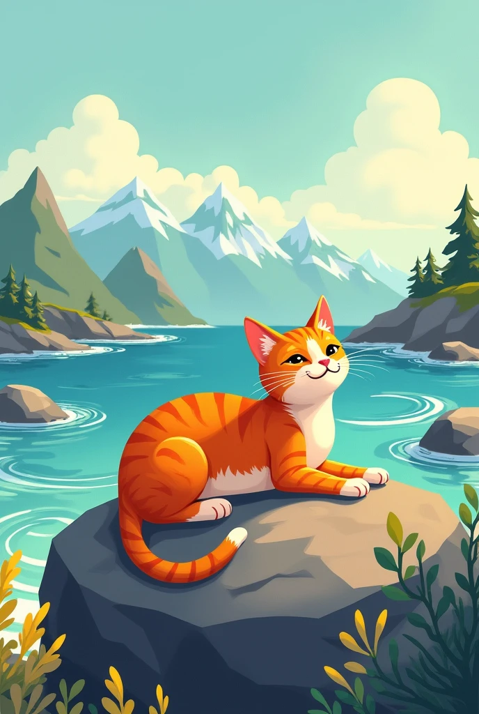 Drawing of an orange cat on a rock and a sea view with mountains.

