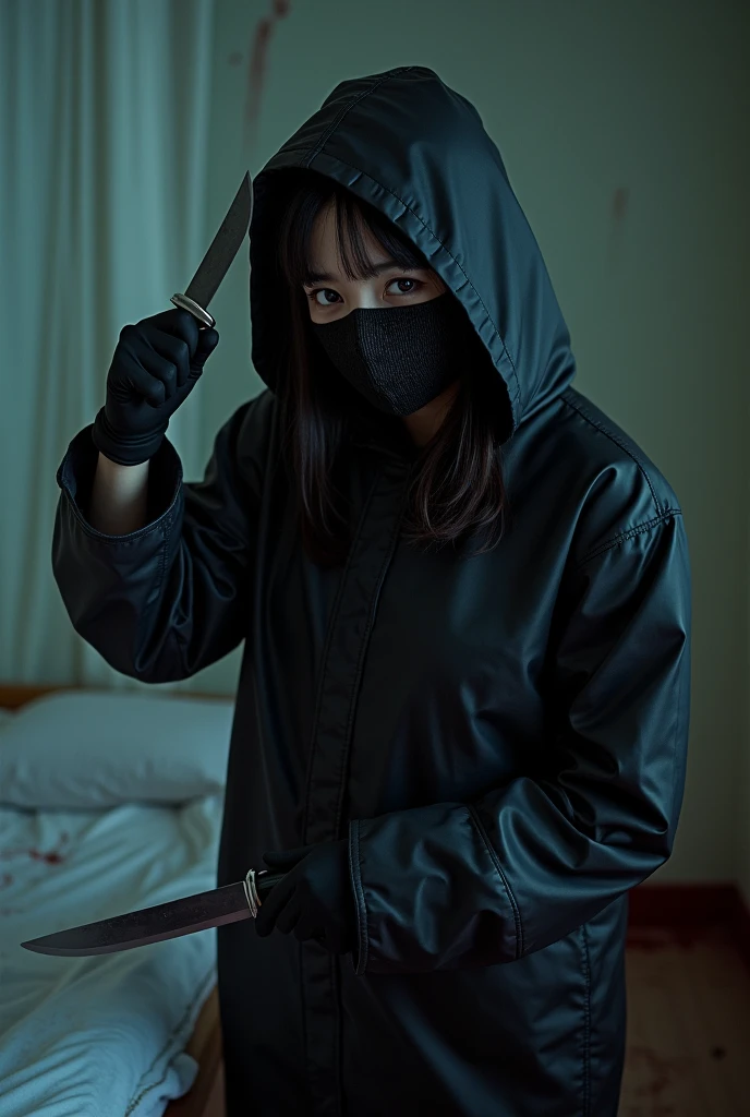 korean girl, (behind corpse, balaclava), holding knife, stabbing, black gloves, room full of blood, black raincoat, 20 years old girl, big tits, glamorous, hood up, holding knife, black gloves, behind corpse, looking at viewer, blood splatter, bondage, bed room, black wet suit, night, mass murderer, killer, robbery, dark atmosphere, cinematic lighting, atmospheric realistic, light from the window close-up,
