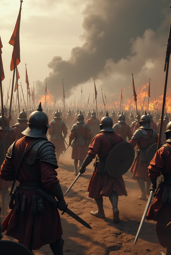 "A dramatic battle scene set in ancient Assam, where Ahom soldiers in traditional armor and tunics are being overpowered by Muslim soldiers. The Ahom soldiers, dressed in their distinctive warrior garb with weapons like swords and shields, are shown in retreat or being struck down. The Muslim soldiers, clad in chainmail and helmets, wielding scimitars and spears, dominate the battlefield. The background is a chaotic mix of fighting soldiers, smoke, and flames, with an overcast sky adding to the tension of the scene.'