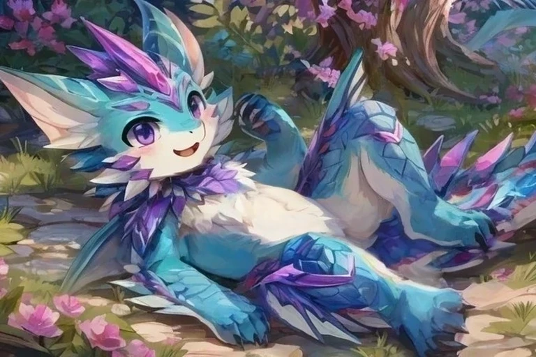 a blue wyvern with purple markings, lying on the ground, cute and adorable,little,male,with little claw