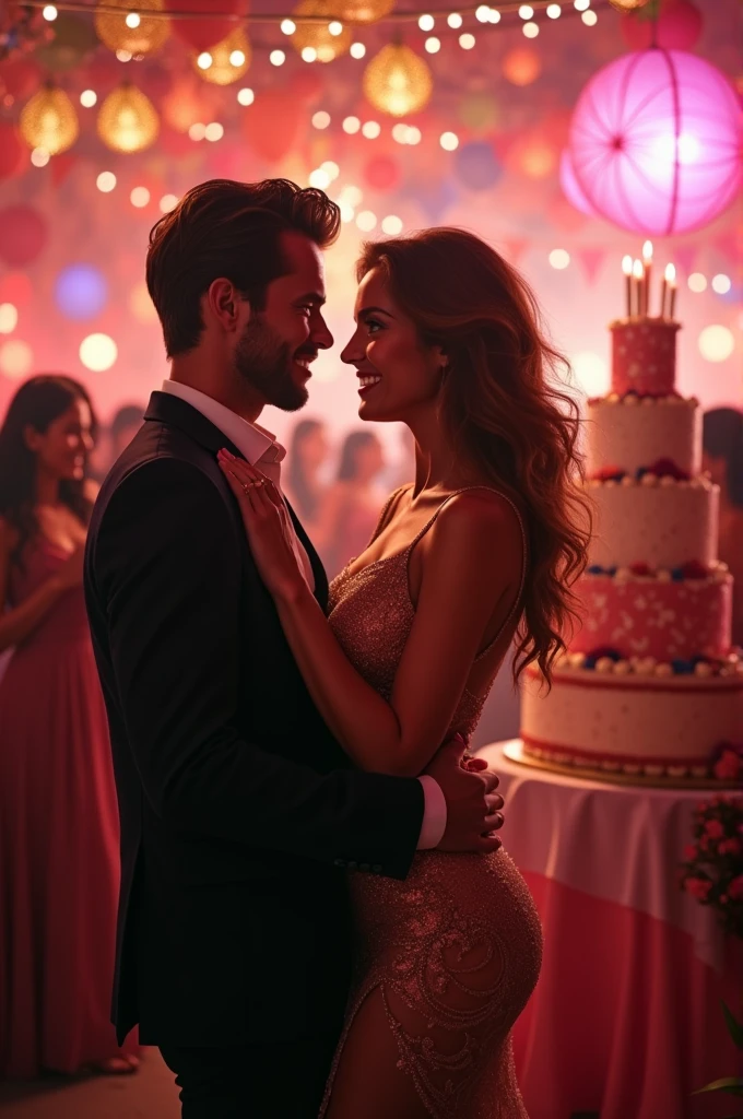 Handsome man and beautiful busty woman, woman birthday party, dancing,cake ,party wear, full body
