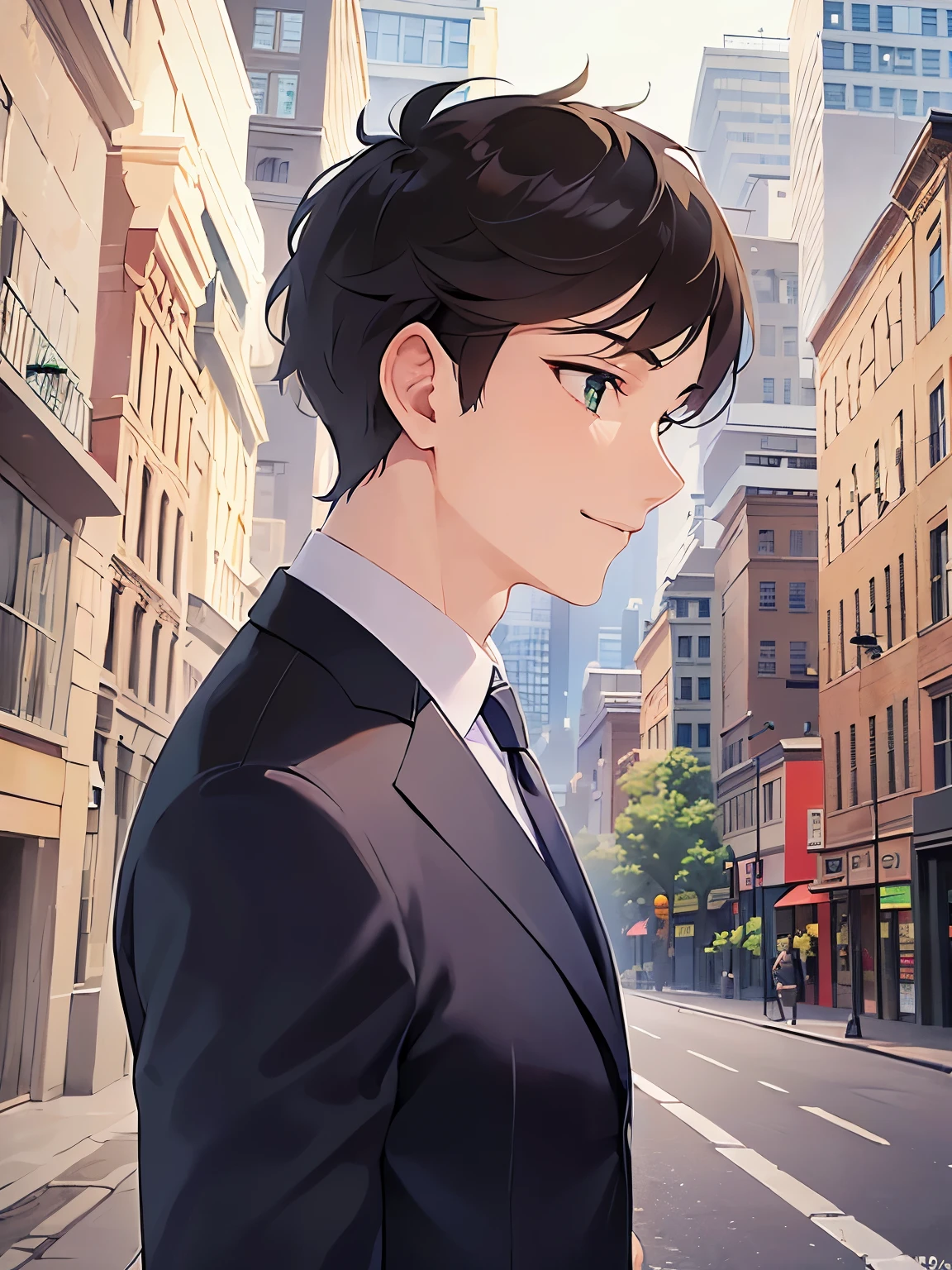 side angle, (looking away:1.5), upper body、 masterpiece、Highest quality、(25-year-old male:1.5) and (Brown short hair) and (green eyes), BREAK (suit:1.5) and (Blue tie) BREAK 立っている、smile、The background is a city of buildings、alone、Upper body is shown