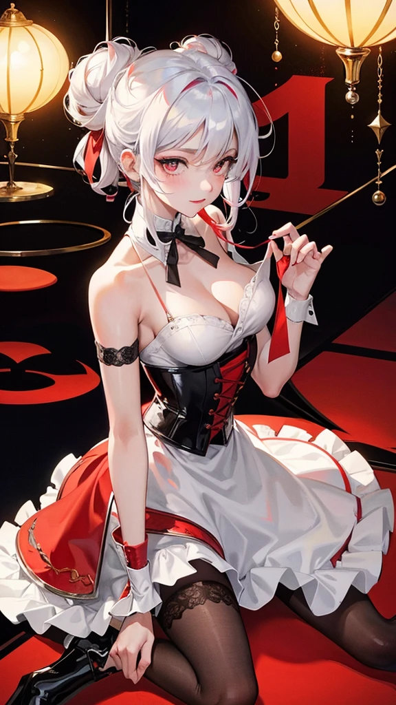 1 girl, anime, masterpiece, best quality, intricate details, futuristic setting, red and white hair, smirk, elegant, maid uniform, demon horns, bun, spiked bracelets, red lipstick, gothic aesthetic, tall, curvy, confident pose, black maid dress, corset, fishnet stockings, short hair