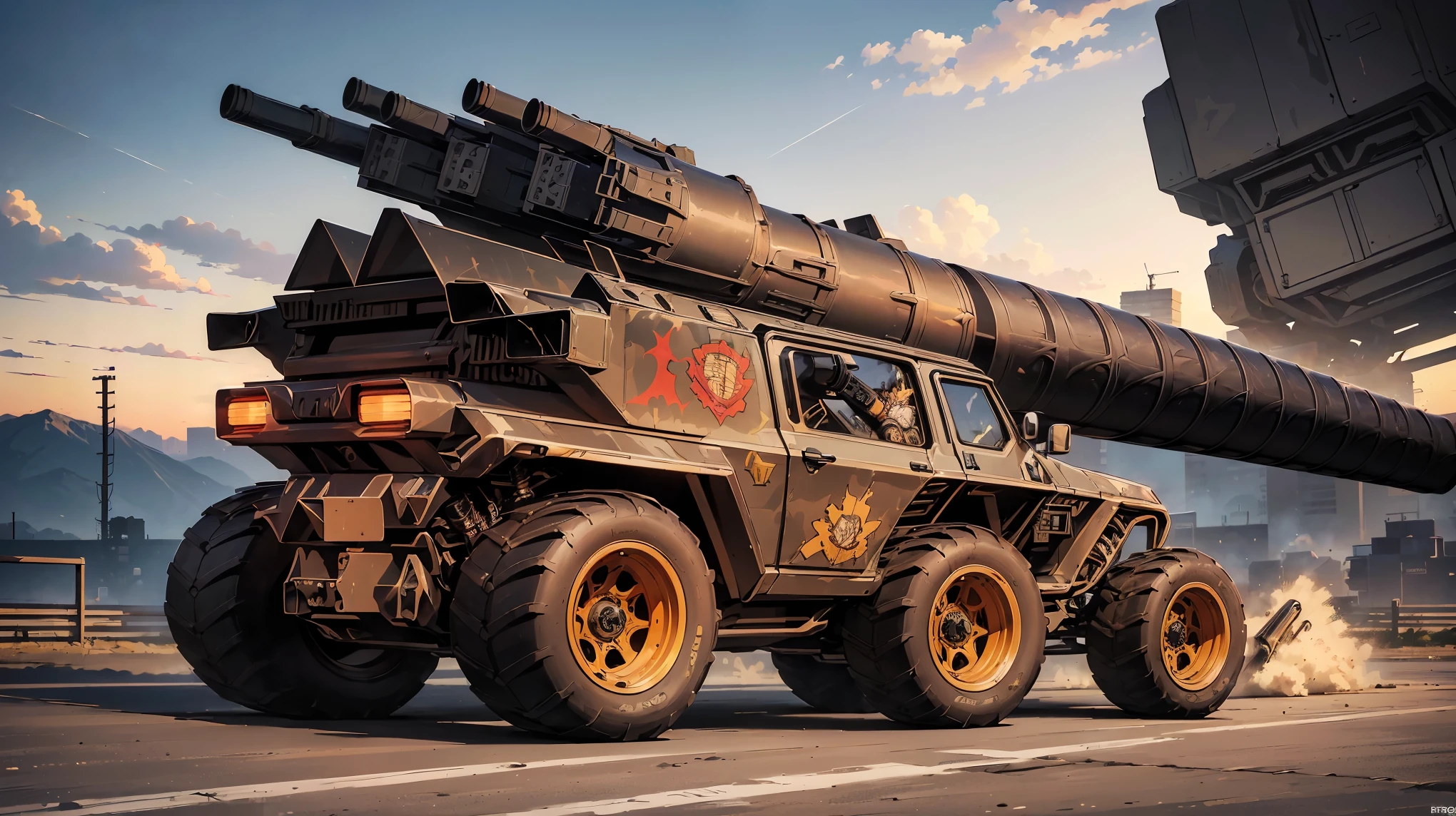 (RAWphotograph, 最high quality), (American Comic Styles:1.2), (Zeta), Absurd, 受賞photograph, Extremely detailed, Very complicated, ((Comic-style panel layout, Monster Truck)), ((Equipped with a cannon:1.6)), ((Armored vehicles:1.2)), ((Cityscape)), Realistic, Very detailed, photograph, masterpiece:1.2, high quality, high resolution, High resolution, Professional Lighting, (Shine:0.9),