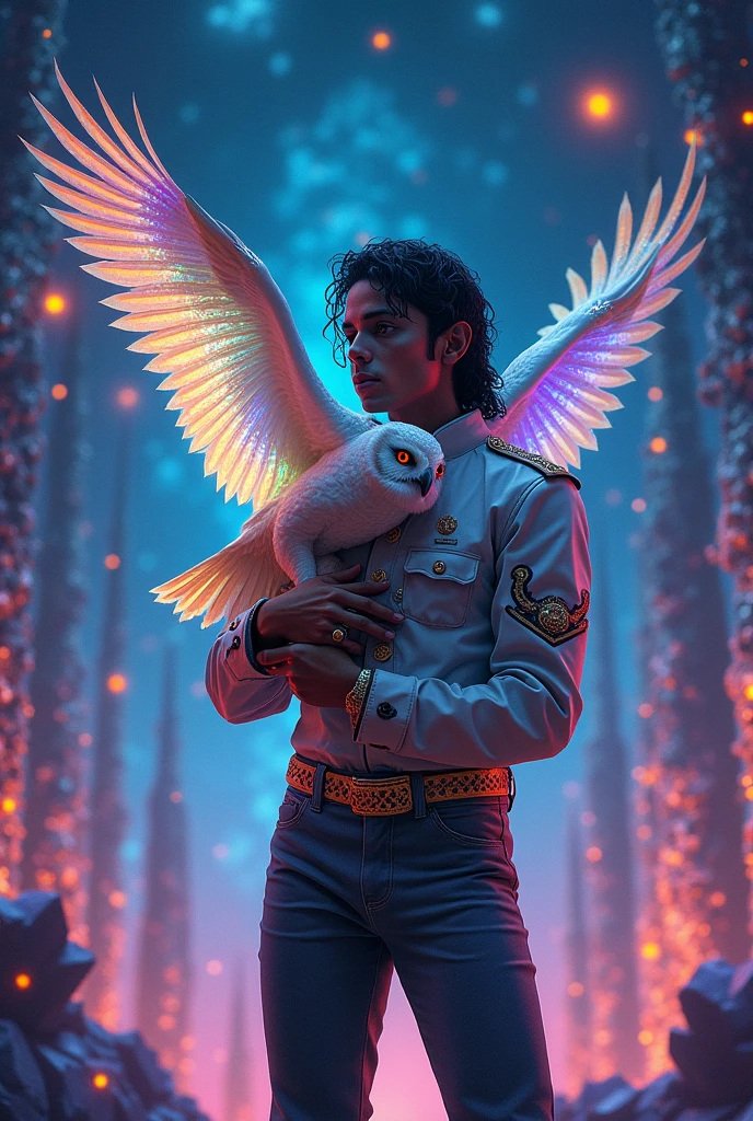 Michael jackson holding an owl with feathers with neon colour that reflect light of the star, flying above futuristic forest with crystal trees