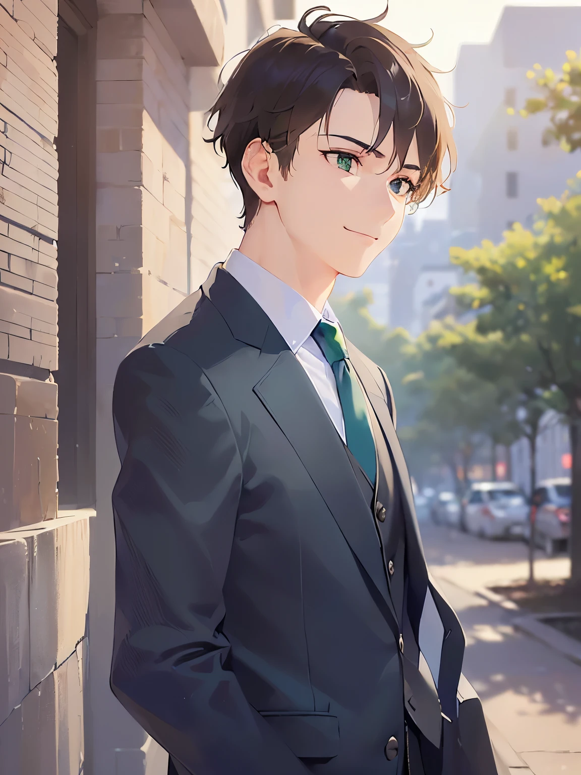 side angle, (looking away:1.5), upper body、 masterpiece、Highest quality、(25-year-old male:1.5) and (Brown short hair) and (green eyes), BREAK (suit:1.5) and (Blue tie） BREAK 立っている、smile、The background is a city of buildings、alone、Upper body is shown