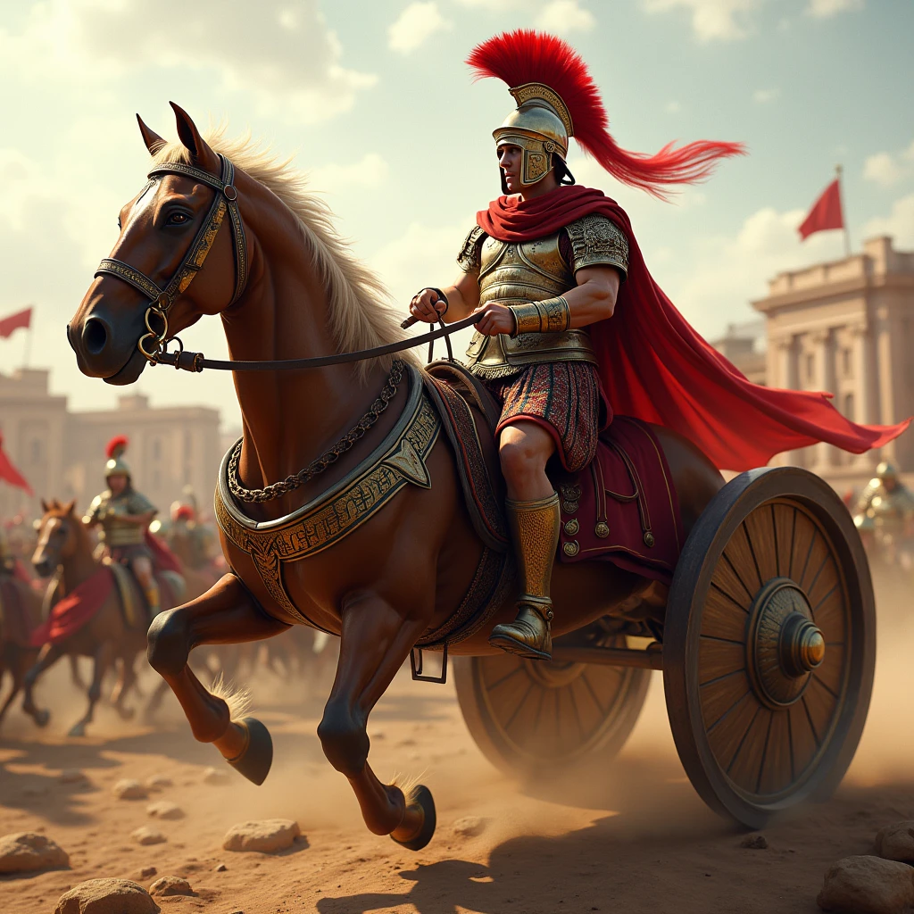 Top quality, high resolution, Roman war chariot, battle scene, glossy, sharp focus, photo,