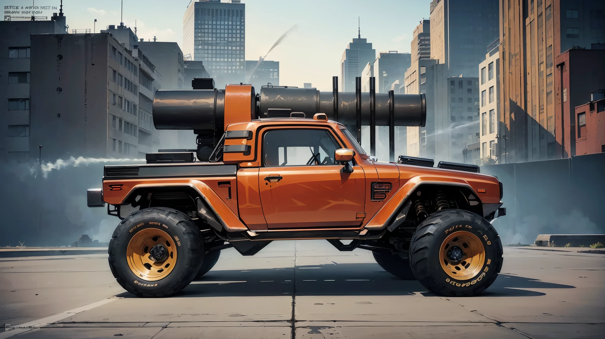 (RAWphotograph, 最high quality), (American Comic Styles:1.2), (Zeta), Absurd, 受賞photograph, Extremely detailed, Very complicated, ((Comic-style panel layout, Monster Truck)), ((Equipped with a cannon:1.6)), ((Armored vehicles:1.2)), ((Cityscape)), Realistic, Very detailed, photograph, masterpiece:1.2, high quality, high resolution, High resolution, Professional Lighting, (Shine:0.9),