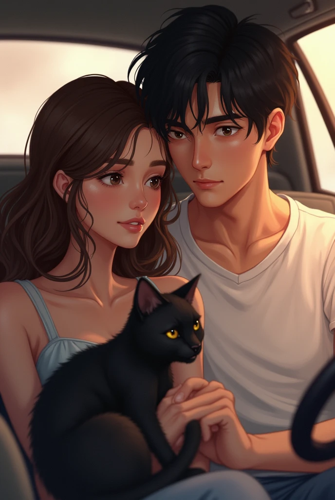 Brown haired woman sitting in car with a black haired man in shape without a beard with a black cat on the woman&#39;s legs 