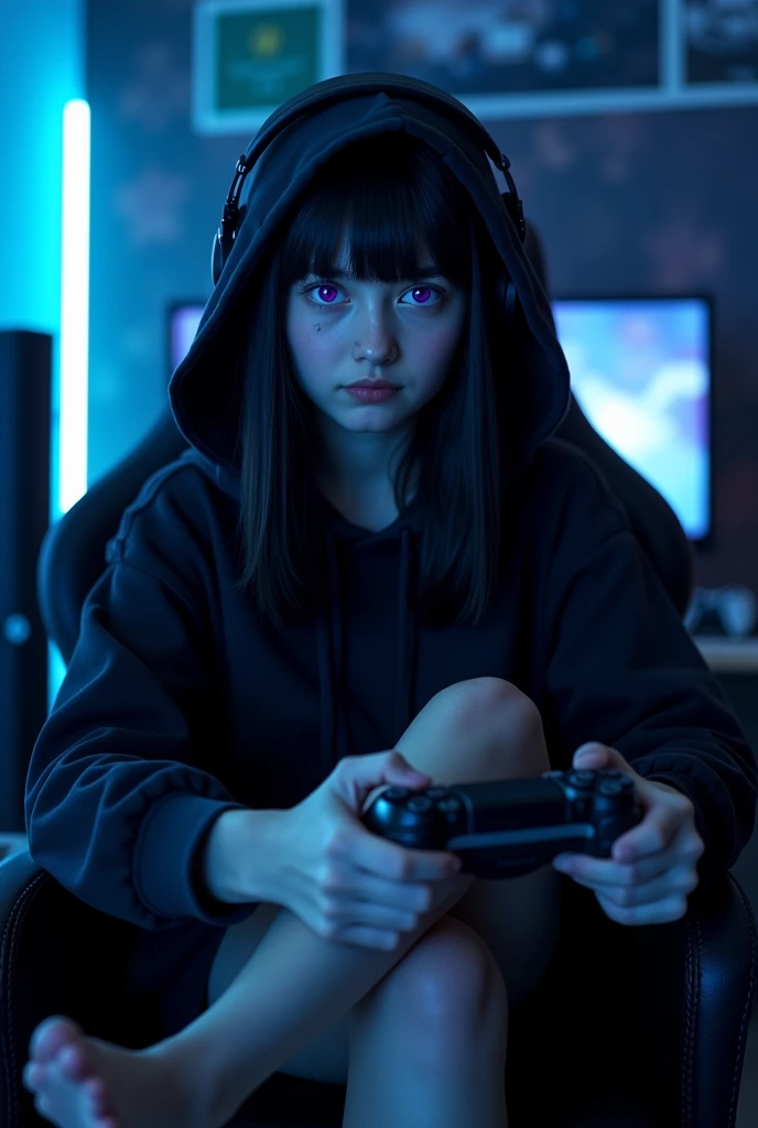 A girl in her twenties with black hair, purple eyes, black hood covering her head and headphones on her. The girl is barefoot. The girl's feet are on the gamer chair. In her right hand is a PlayStation controller. The background is a darkened gamer room, with low intensity light blue LED lights. The girl is sitting on a gamer chair. Behind her is a computer and a couple of video game consoles.