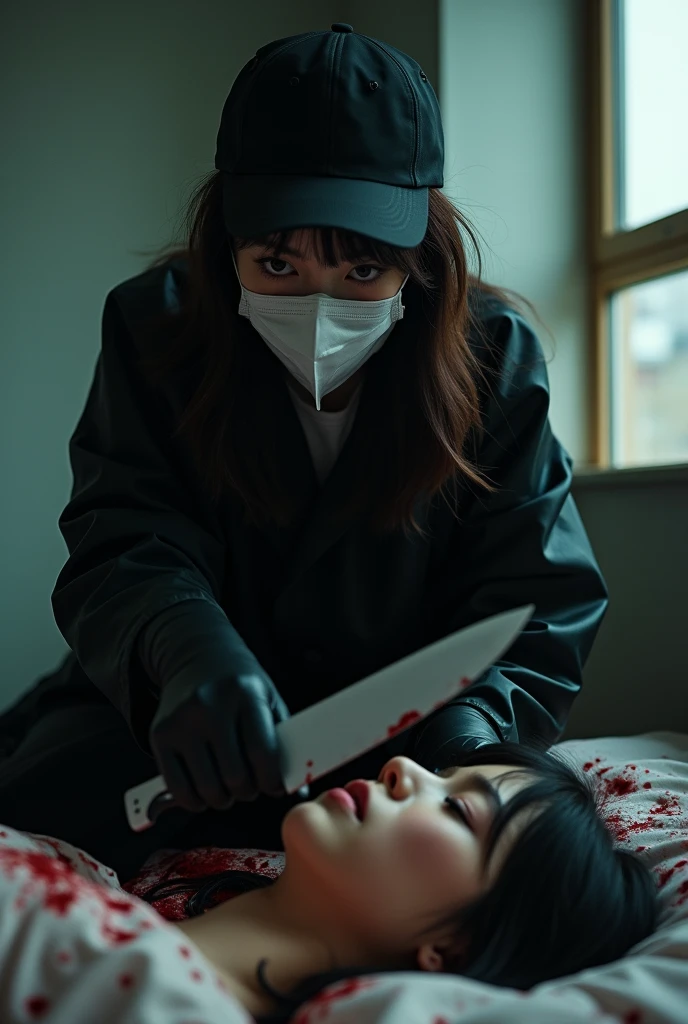 korean girl, (behind ??????, holding knife), surgical mask, black gloves, room ?????????????, black raincoat, trucker hat, holding knife, black gloves, woman on top, behind ??????, blood splatter, on the bed, mass murderer, killer, long bangs, blood splatter, dark atmosphere, cinematic lighting, atmospheric realistic, light from the window, close-up,
