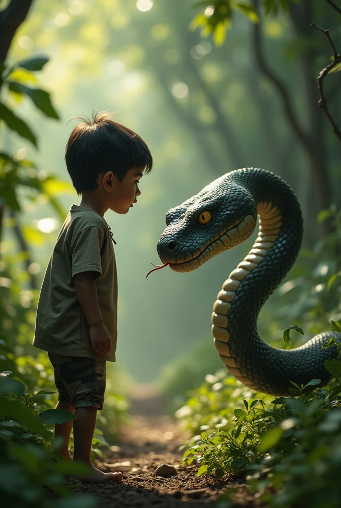 Show Ali young boy bravely trying to scare the snake away, while it inches closer.

