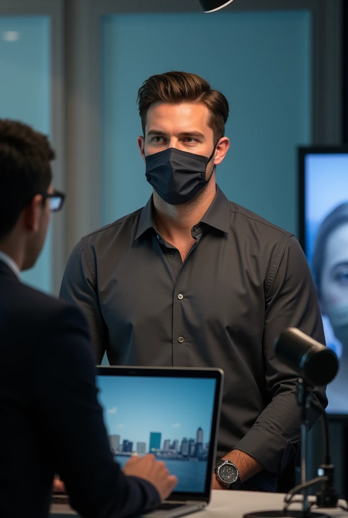 handsome boy face mask COVID-19 and face Gogle host Seth behind desk frant leptop and Mike setup