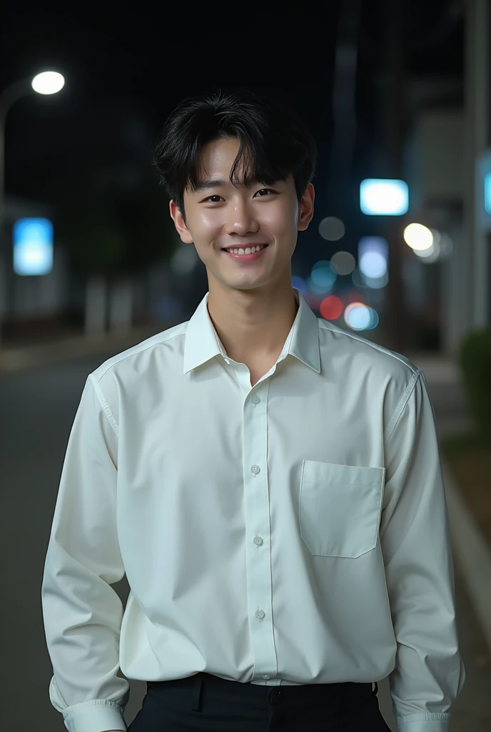 sex, masculine, Age 28 years, (Model, Byeon Woo-seok, South Korean celebrities), (bestquality:1.2, 8k resolution, highres:1.2), (asian, korea, handsome:1.4), White shirt, Short black hair, Good looking, Fair-skinned, Formal dress code, (On the road at night:1.4), nighttime, bar, dim lighting, deserted, HD 8k images, master-piece:1.2, A confident smile, Shapely,