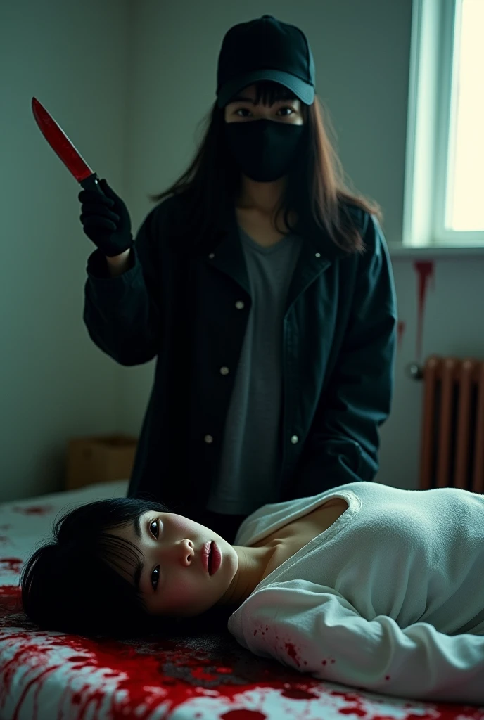 korean girl, (behind corpse, holding knife), black surgical mask, black gloves, room full of blood, black raincoat, trucker hat, holding knife, black gloves, woman on top, behind corpse, blood splatter, on the bed, mass murderer, killer, long bangs, blood splatter, dark atmosphere, cinematic lighting, atmospheric realistic, light from the window, close-up,