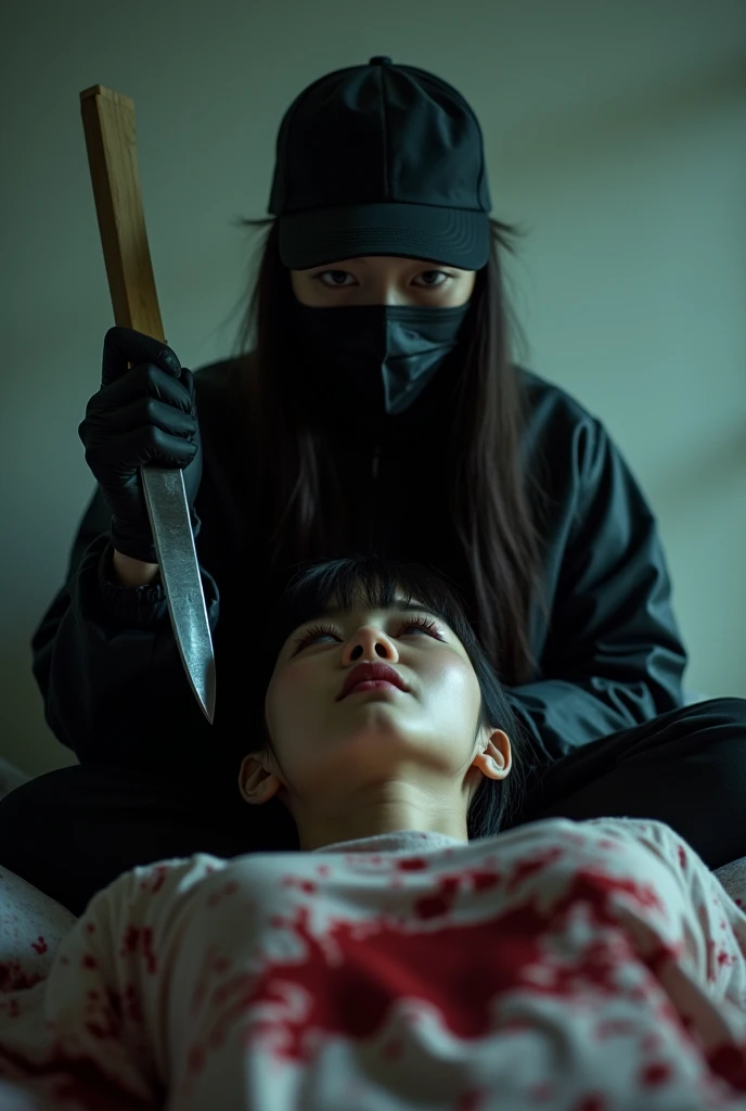 korean girl, (behind corpse, holding knife), black surgical mask, black gloves, room full of blood, black raincoat, trucker hat, holding knife, black gloves, woman on top, behind corpse, blood splatter, on the bed, mass murderer, killer, long bangs, blood splatter, dark atmosphere, cinematic lighting, atmospheric realistic, light from the window, close-up,