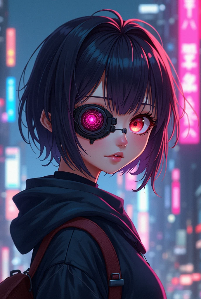 an anime girl who has a cyberpunk eye patch