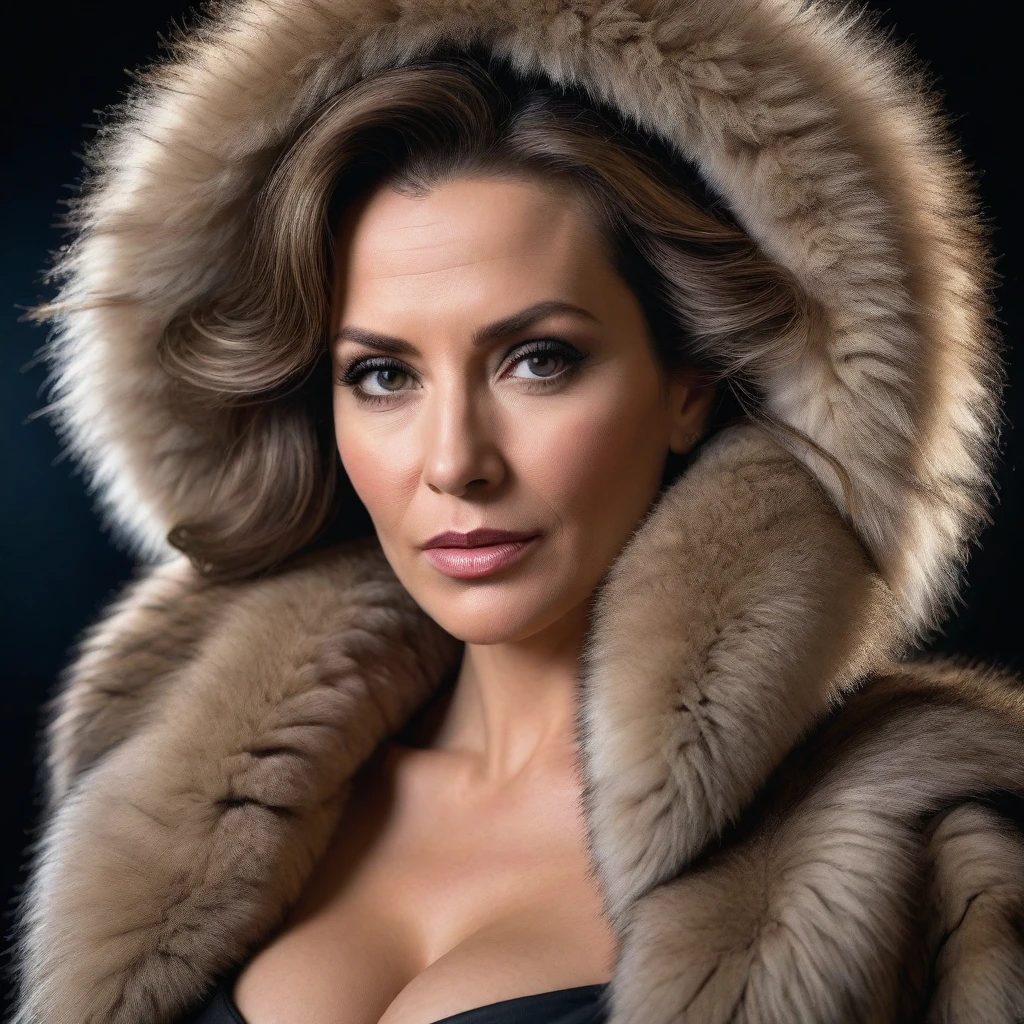 Hyperrealistic portrait of femme fatale, 45 ans, dressed in a very voluminous and thick fur stole around bare shoulders, Realistic photo, dynamic lighting, affiche, volumetric lighting, highly detailed faces, 4k, prime,, 1fille, , discret,Tir de cow-boy ,cheveux longs,Cheveux noirs, very big breasts, festival de Cannes,