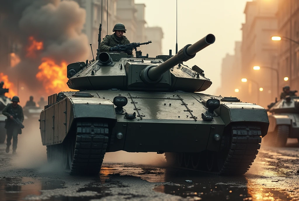 Enemy tank units invading the city, futuristic armored tanks with curved surfaces, accompanying infantrymen running around, detailed military vehicles, realistic military uniforms and equipment, dynamic military action scenes, flames burning in the rear, dust and flying debris, cinematic lighting, grim and stagnant atmosphere, horrific battlefield reality close-up of an armored fighting vehicle, conveying the reality of a horrific battlefield,