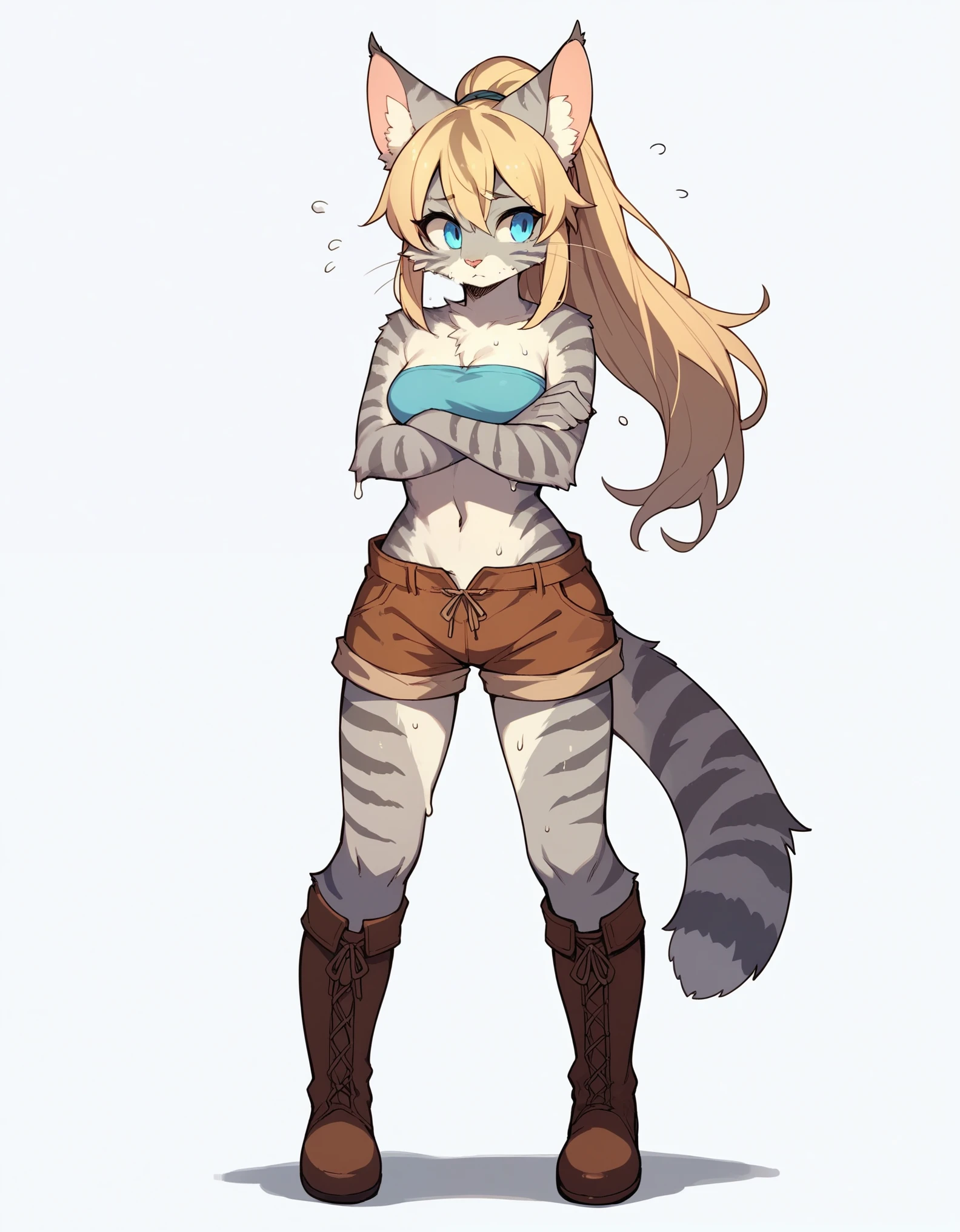 score_9,score_8_up,score_7_up, score_6_up, score_5_up, source_anime, kemono style, Kat, female Anthro furry feline, silver fur, grey stripes on body, blue eyes, long blonde hair, hair in a ponytail, pink nose, :3, she is wearing blue bandeau, brown short shorts, brown boots, arms crossed, nervous expression, eyes wide open, sweating, head facing away, head turned away, looking to her right, standing, (full body shot):1.3, front view, white background