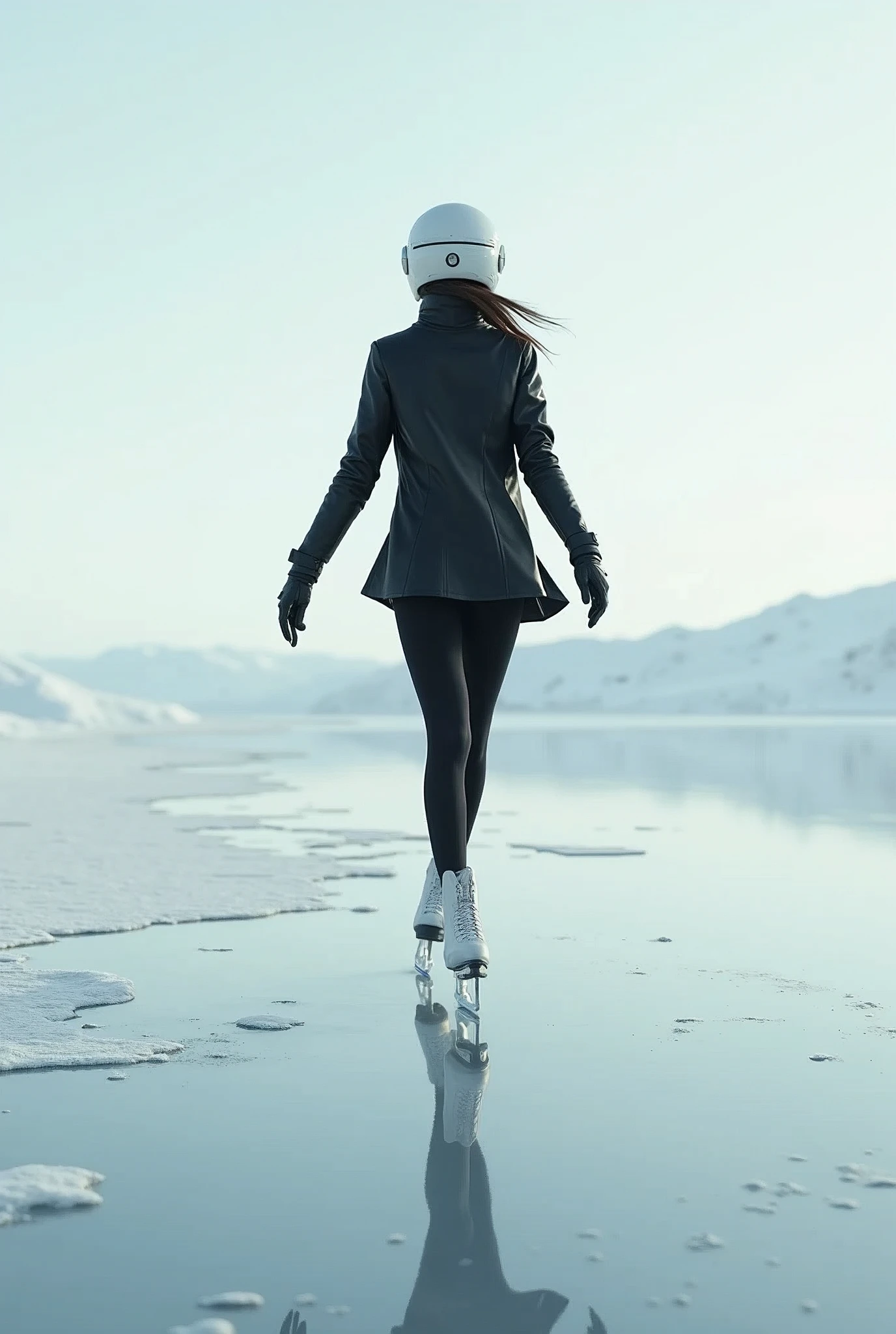 Female ice skater,Wearing a black leather jacket,A futuristic helmet,Glide along the ground,individual,Hyperrealism,Wallpaper quality,Photography style