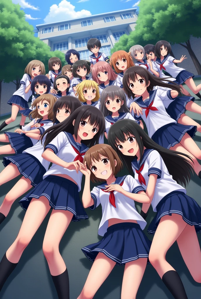 dead body pile of Japanese school girls, (vibrant colors), (dynamic composition), wearing typical school uniforms, short skirts, and knee-high socks, (highly detailed expressions),(ultra-detailed), (4K), lively background with school buildings.