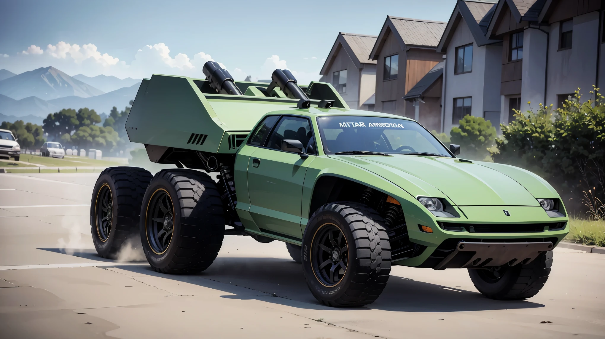(RAWphotograph, 最high quality), (American Comic Styles:1.2), (Zeta), Absurd, 受賞photograph, Extremely detailed, Very complicated, ((Comic-style panel layout, Monster Truck, Military Green)), ((Equipped with a cannon:1.6)), ((Armored vehicles:1.2)), ((Cityscape)), Realistic, Very detailed, photograph, masterpiece:1.2, high quality, high resolution, High resolution, Professional Lighting, (Shine:0.9),