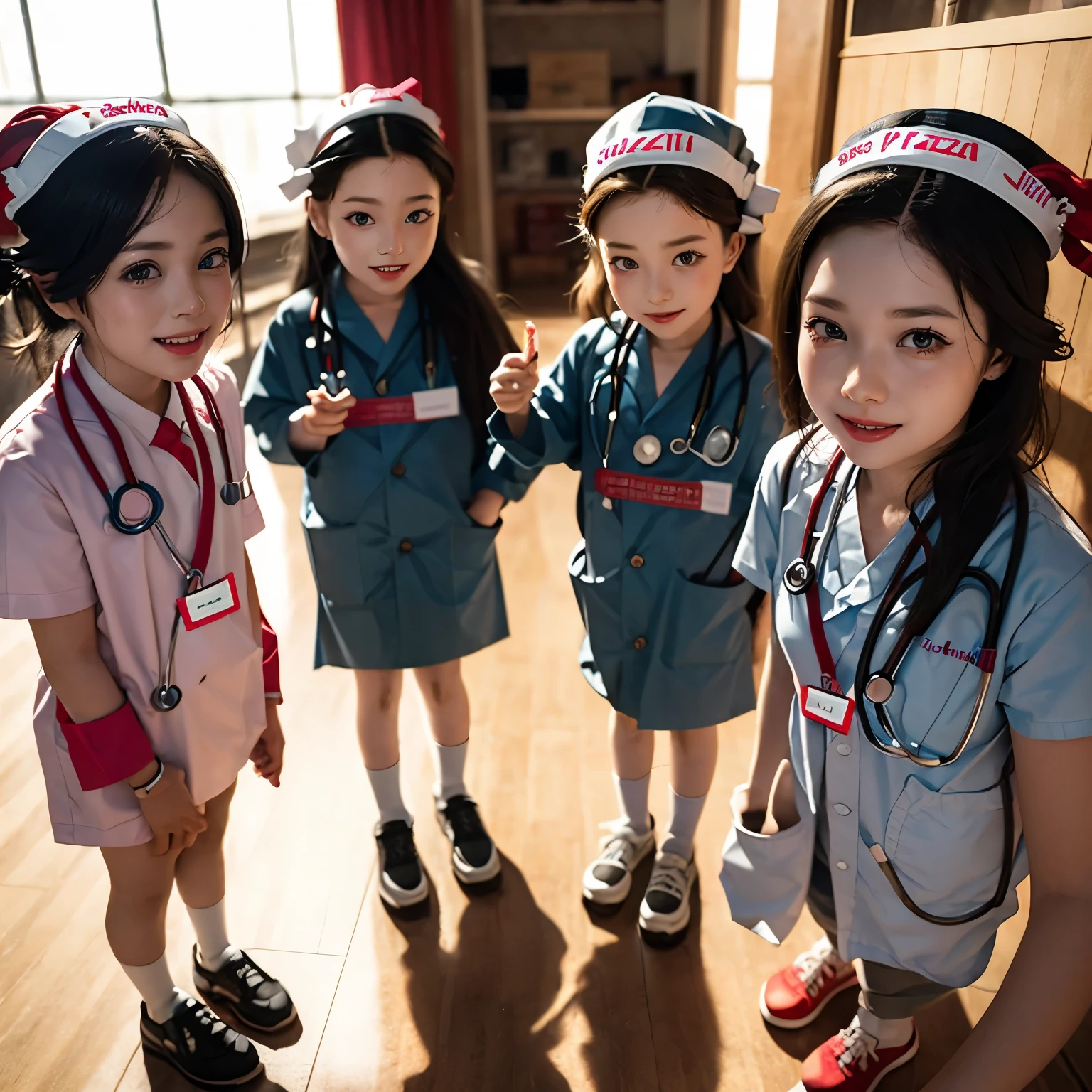SFW, ExtremelyDetailed (((Medical Kids group in Kidzania:1.4))), perfect face, Reflective Eyes, Detailed(Delicate Clothing textures), Corrected Leg to Foot Line, ((Specular Reflection:1.28)), TopQuality 8K Ultra-detailed masterpiece (ProfessionalPhoto:1.37)(Acutance:0.8),(Luminism),(Exposed:0.28)