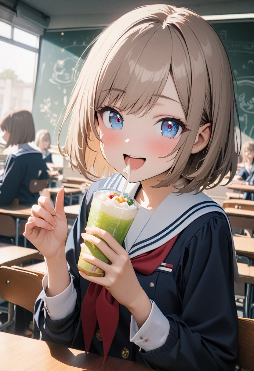 1 girl, 18yo, flat chest, blue eyes, light brown hair, bob cut, smile, open mouth, drinking a cup of milky white water with relish, sailor uniform, upper body, classroom, 8k, RAW photo, best quality, masterpiece, extremely detailed 8k wallpaper, ultra-detailed, best shadow, detailed background, beautiful detailed face, beautiful detailed eyes, nice hands, perfect hands