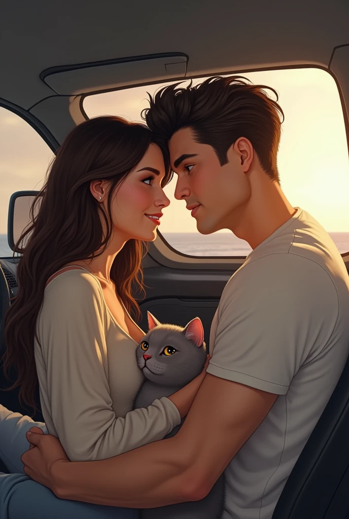 Woman with white skin, long brown hair with brown eyes and nice smile sitting next to a man with white skin black hair and fit, the two sitting in a car, and a gray cat