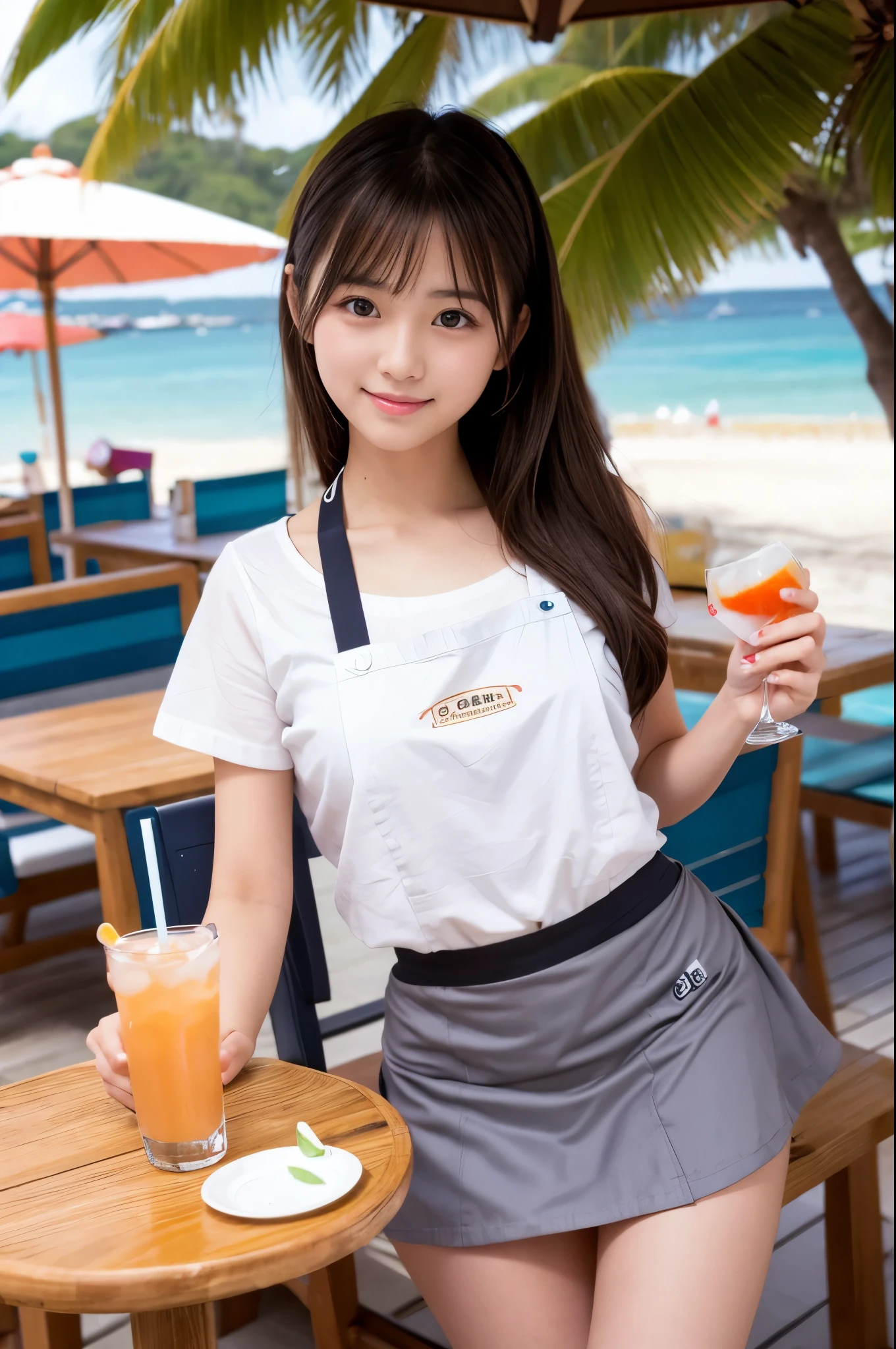 21 years old girl (Japanese cute face) is wearing apron, mini skirt and has fluits drink at the beach bar