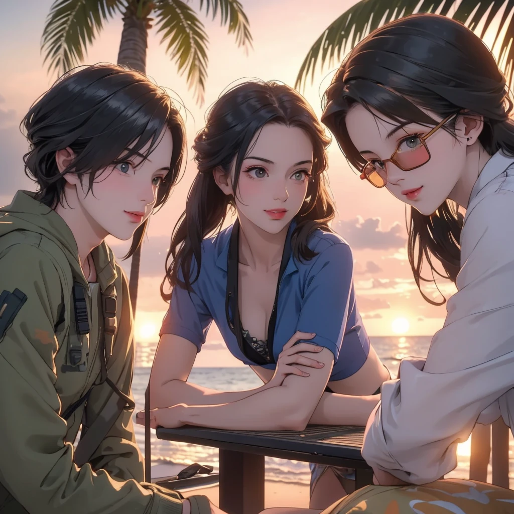 (masterpiece:1.5),(best quality:1.3),(ultra-detailed),(8k resolution),sunset at a tropical beach,1 boy,a masked soldier in full tactical gear sitting at a wooden table on the beach,2girl,surrounded by two beautiful women in blue bikinis,birthday cake with lit candles in the center of the table,soldier wearing camouflage uniform and tactical gear,faces obscured by a gas mask and sunglasses,the women are smiling and posing close to the soldier,palm trees and ocean waves in the background,warm and vibrant sunset lighting,soft shadows,detailed skin textures,relaxed and celebratory atmosphere,Midjourney,(3d game scene:1.1),