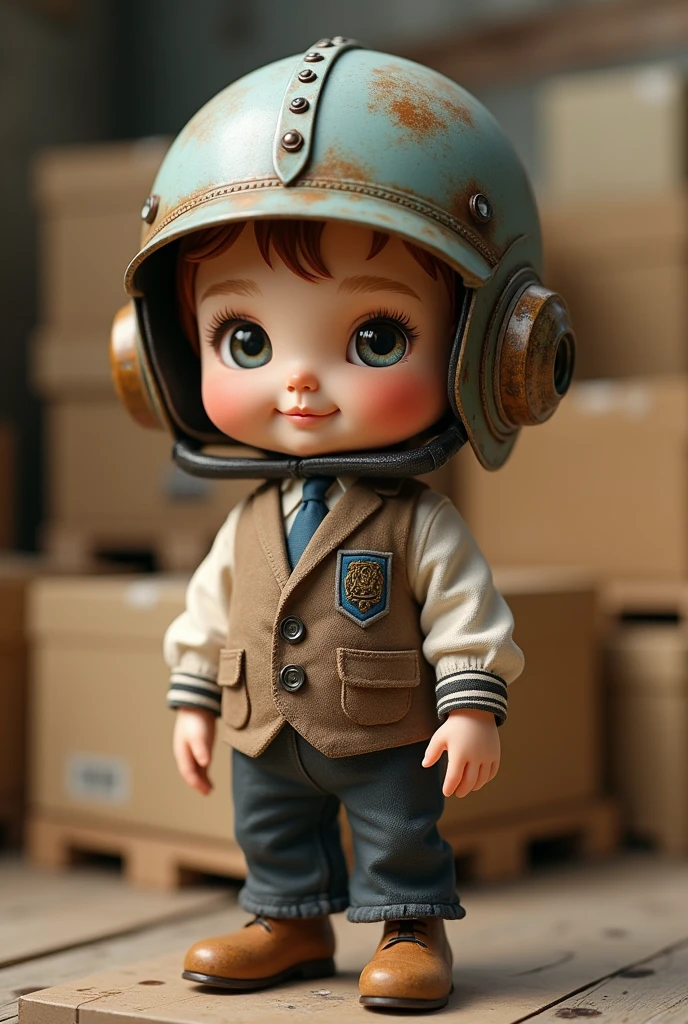 A little doll with a vest and helmet of a merchandise exporter