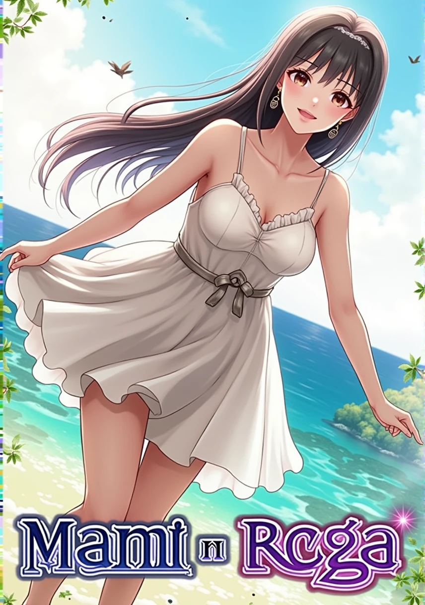 (Highest quality、masterpiece、High resolution、8K)、Vibrant colors、1 Female、Long black hair、Miho no Matsubara、Hagoromo Legend、whole body、barefoot、Beautiful woman in white lace dress jumps high、Official Art、The background is the sea、blue sky、Wide sandy beach、Large pine forest、