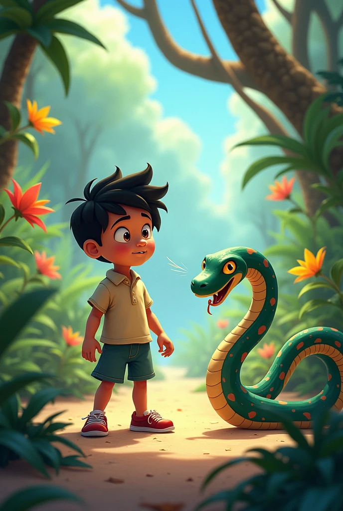 Show Ali young boy bravely trying to scare the snake away, while it inches closer in Disney cartoon form