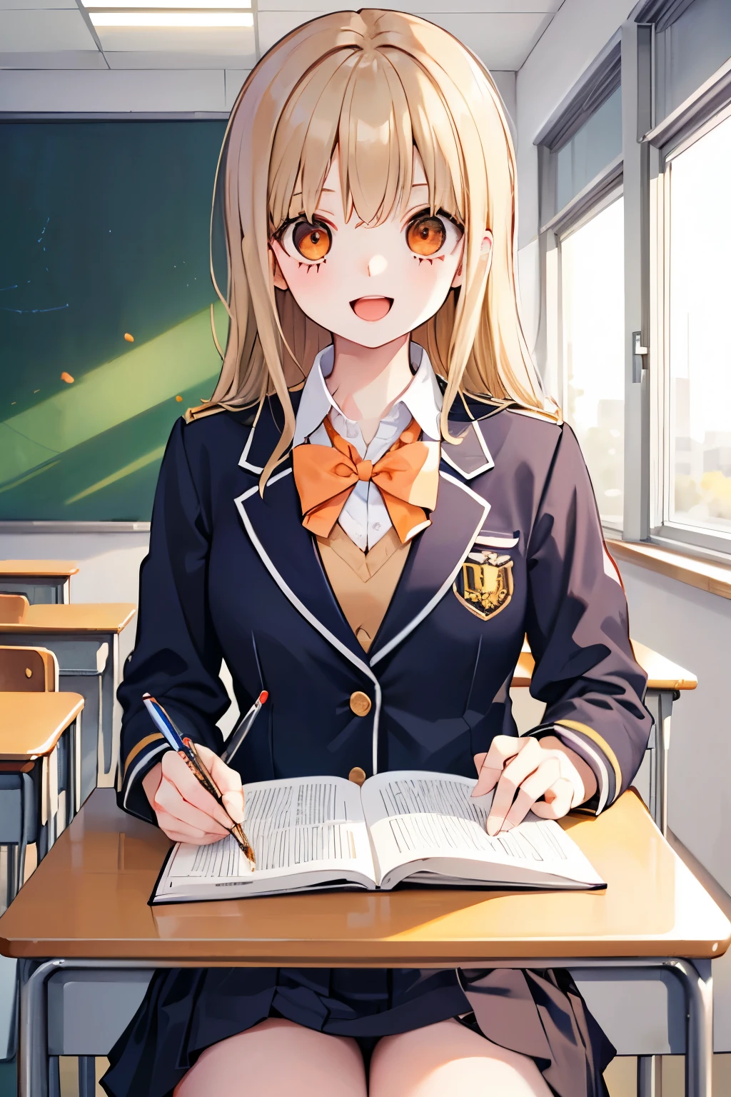 beautiful cute girl,(beige hair:1.2),,(orange eyes:1.2),((school costume:1.2)),((check blazer uniform:1.2)),(open your mouth:1.1),smile,(study:1.1),(study room:1.1).