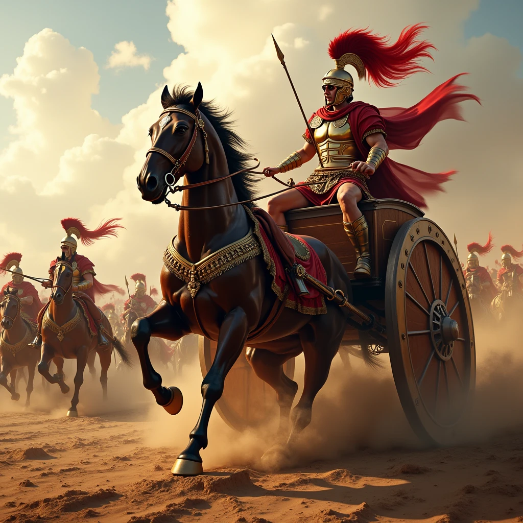 Top quality, high resolution, Roman war chariot, battle scene, glossy, sharp focus, photo,